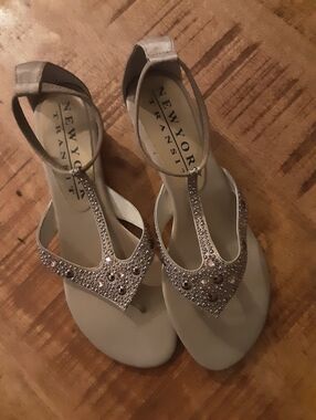 New York Transit Beige Jeweled T-Strap Sandals Size 8